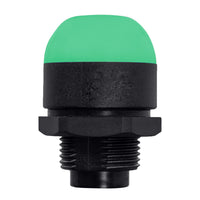 30mm pilot light illuminated green with black threaded base on a white background.