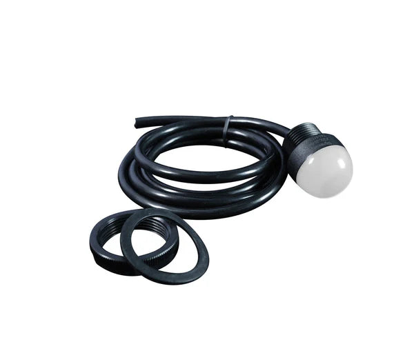 A black 30mm multi-color pilot light with a dome with mounting hardware.