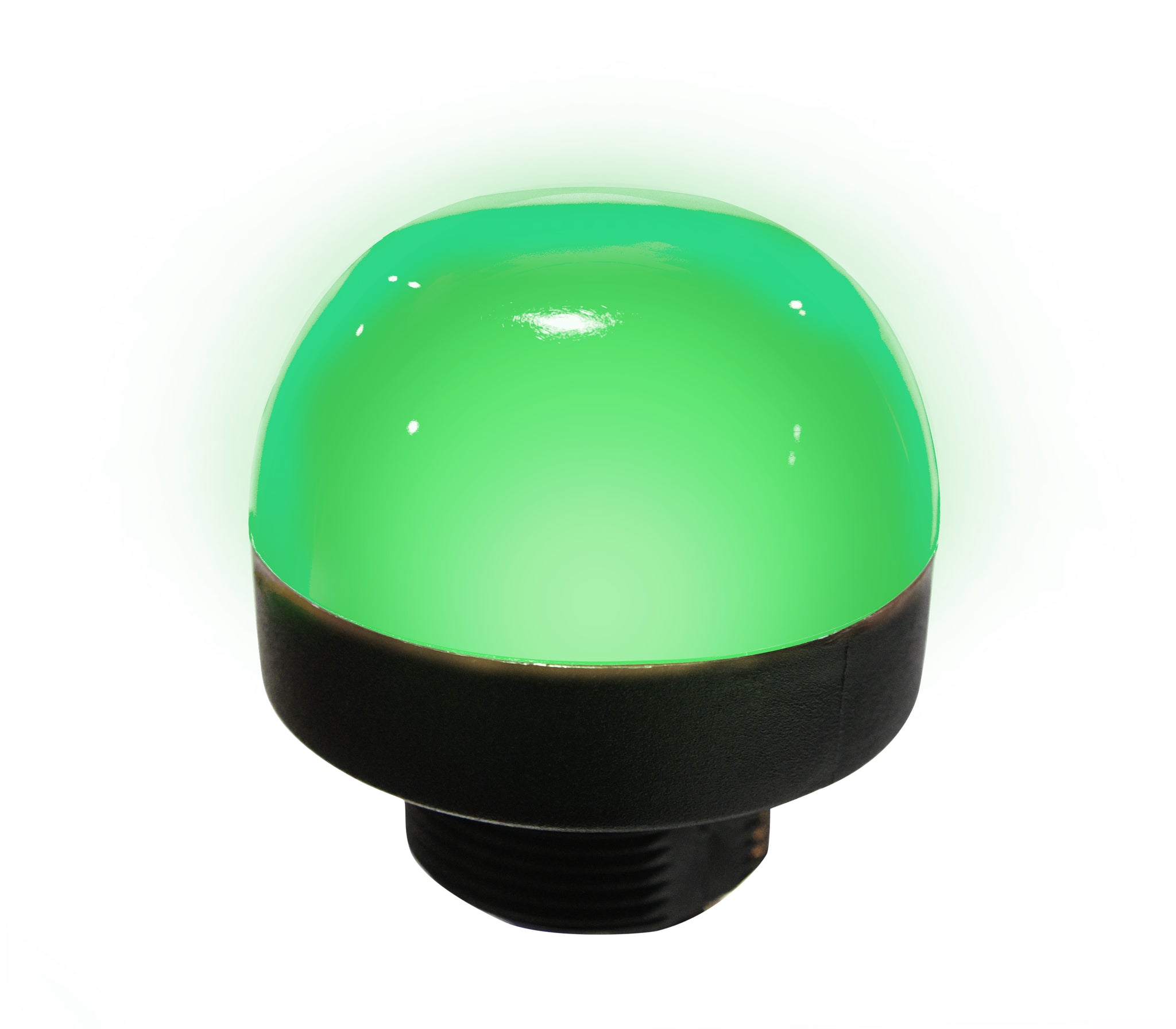 50mm pilot light illuminated green with black threaded base on a white background.