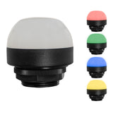 A collection of the 50mm LED pilot lights in red, amber, green and blue on a white background.