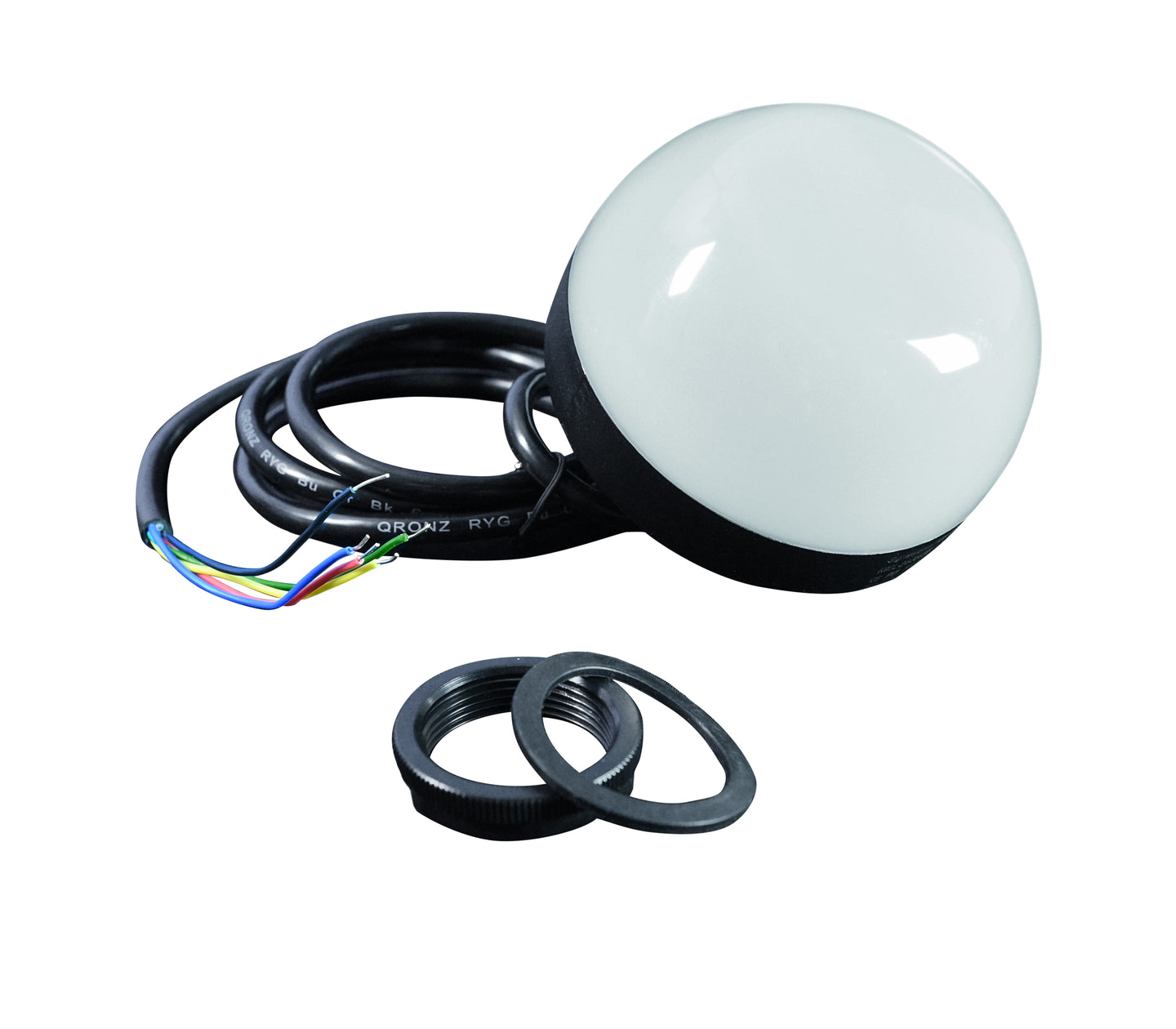 A 70mm bright LED pilot light with a white dome, black body, and visible multi-colored wires.