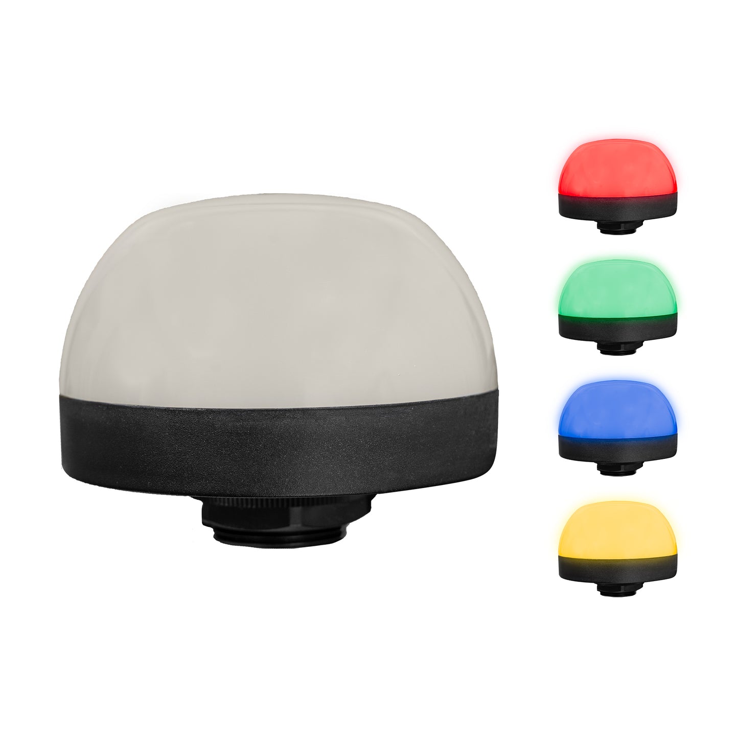 A bright LED pilot light with a resin poured dome, capable of emitting in multiple colors including red, green, blue, and yellow, with a black body.