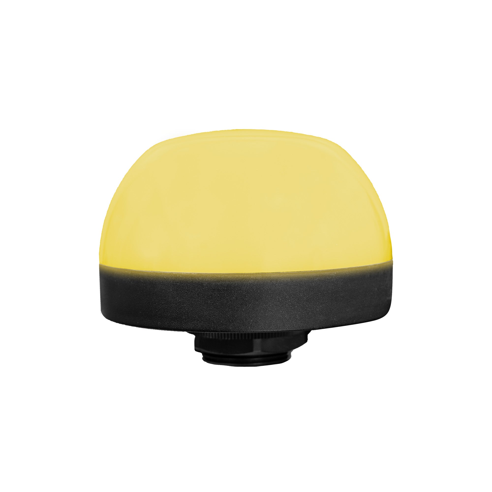 90mm pilot light illuminated amber with black threaded base on a white background.