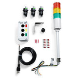 Components of an Andon Tower Light Kit, including a multi-colored LED tower light, switches, a switchbox, power cord, and additional accessories.