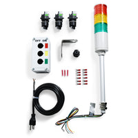 Components of an Andon Tower Light Kit, including a multi-colored LED tower light, switches, a switchbox, power cord, and additional accessories.
