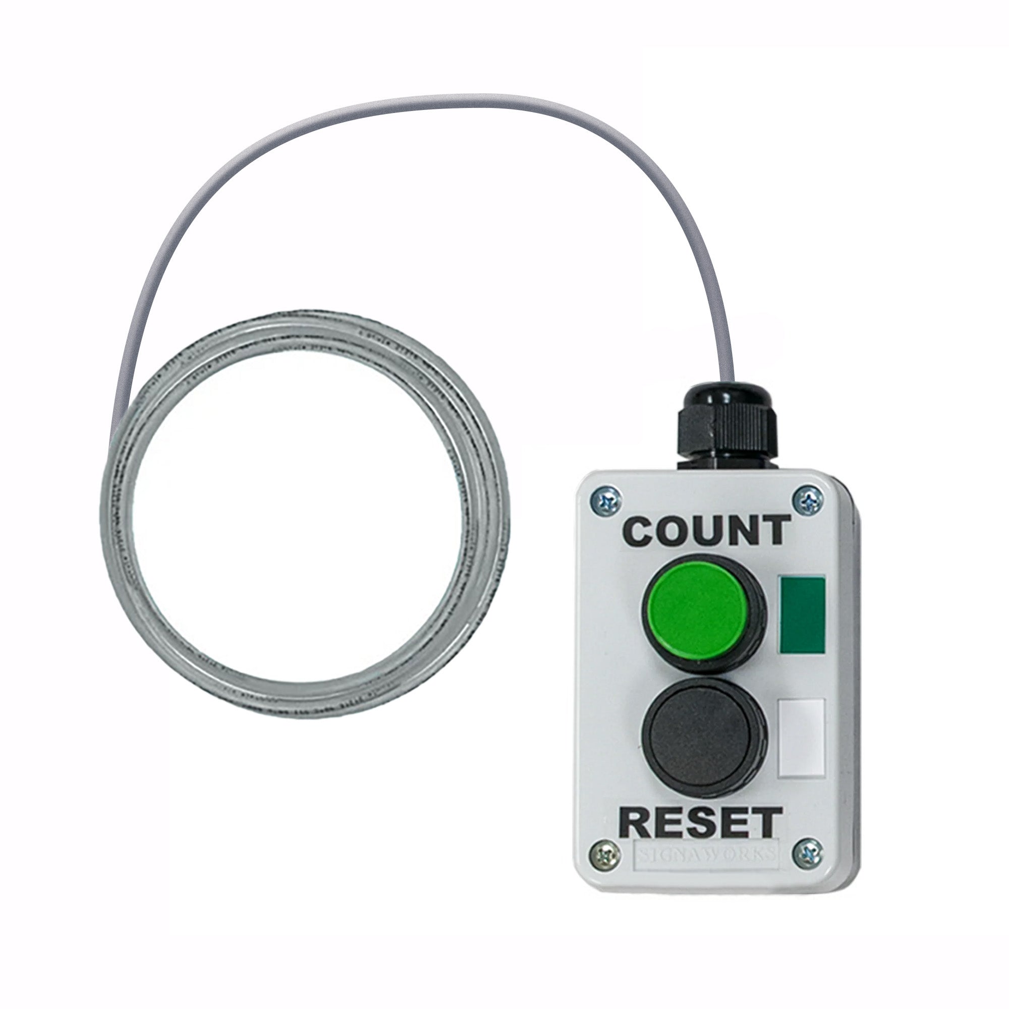 Control box with green button labeled 'Count' and 'Reset', and a cable on a white background.