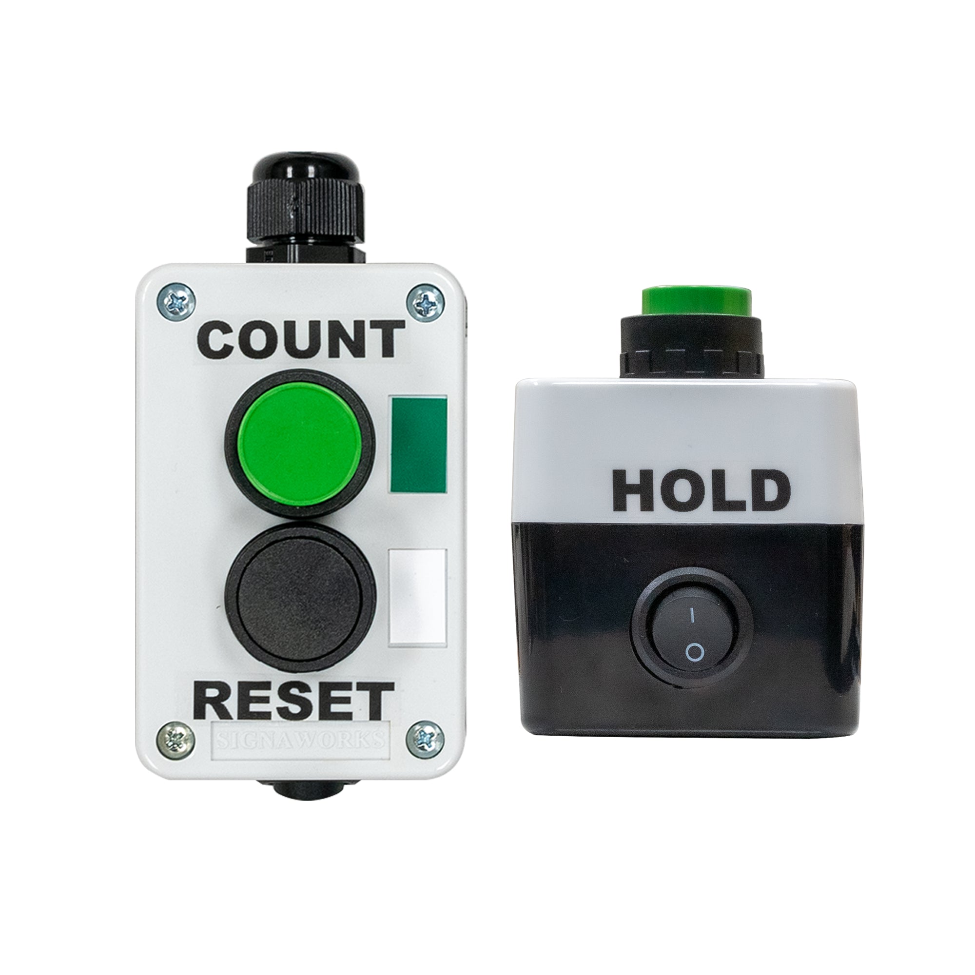 Grey and black control box with count and reset buttons on  and a hold switch on top.