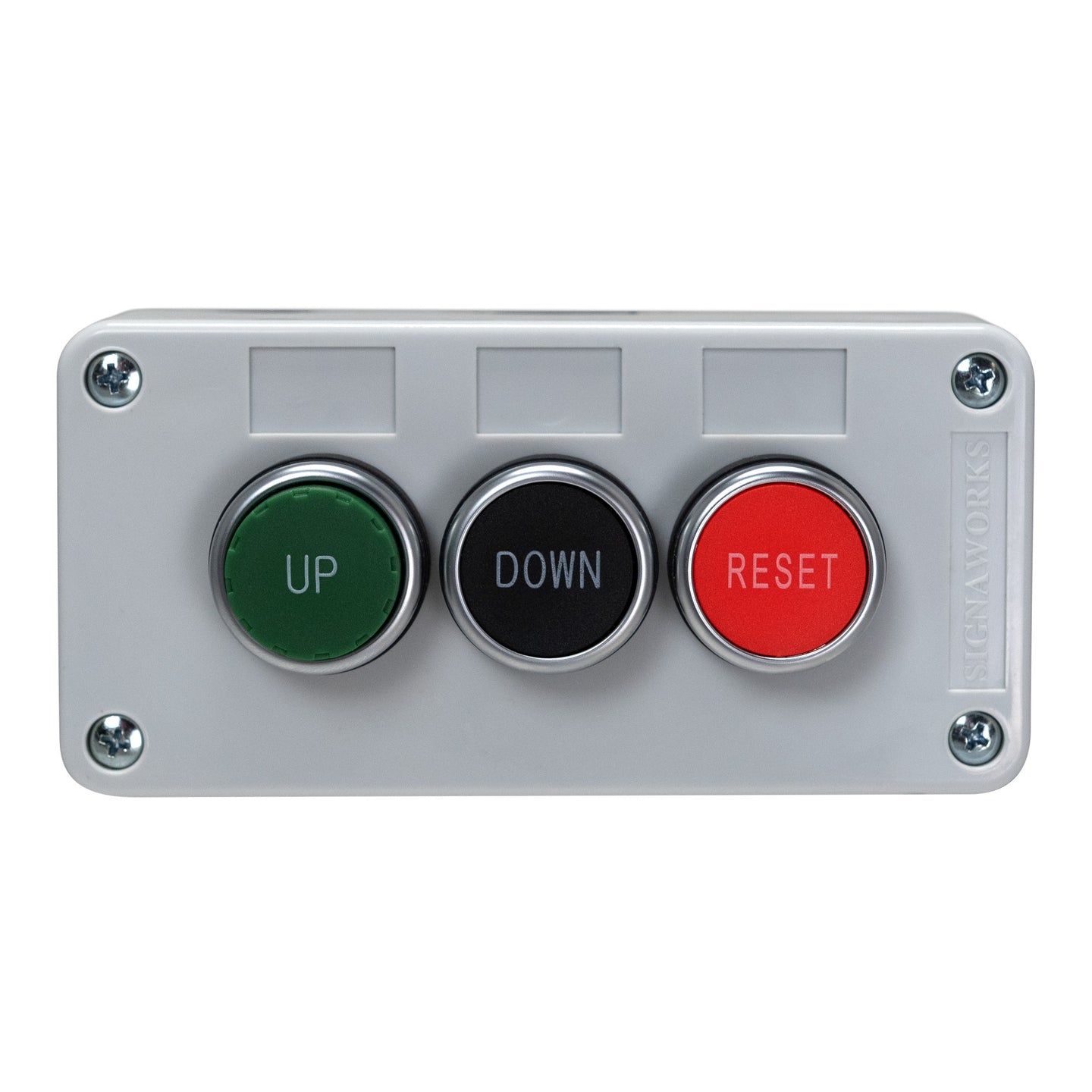 Grey control box with up, down and reset buttons on a white background.