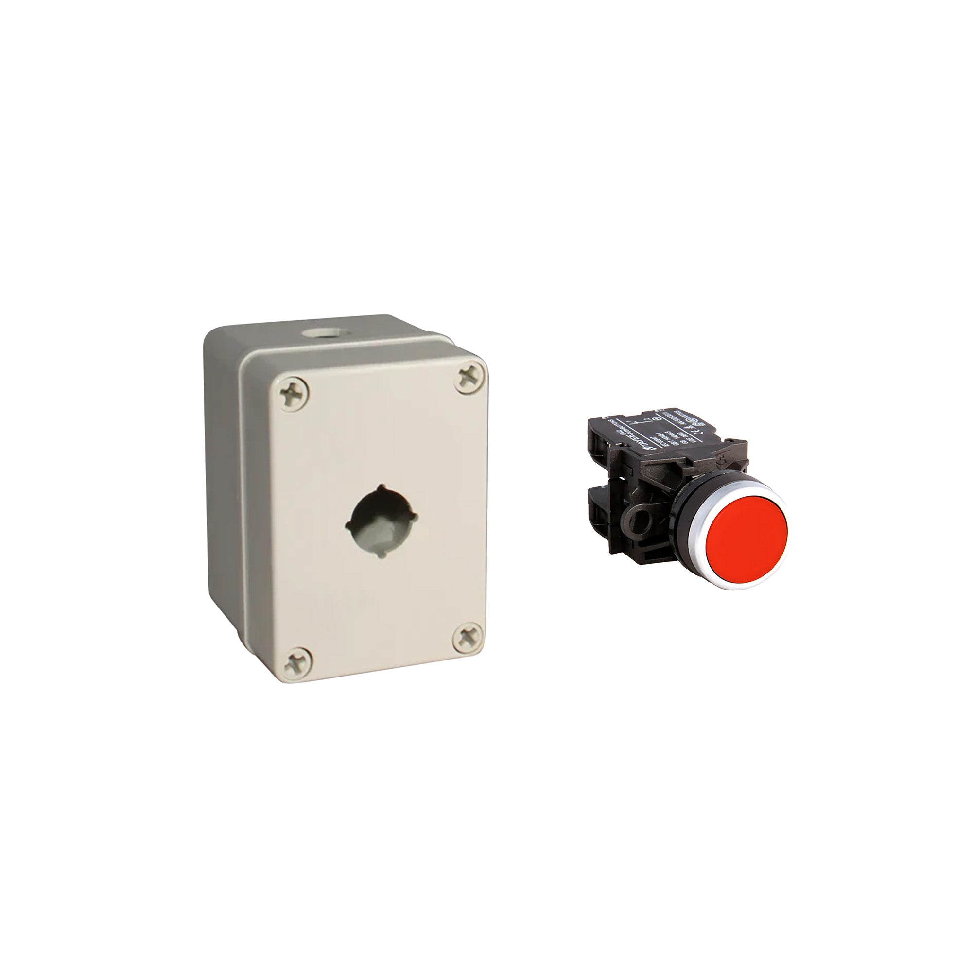 Electrical box with a red button on a white background