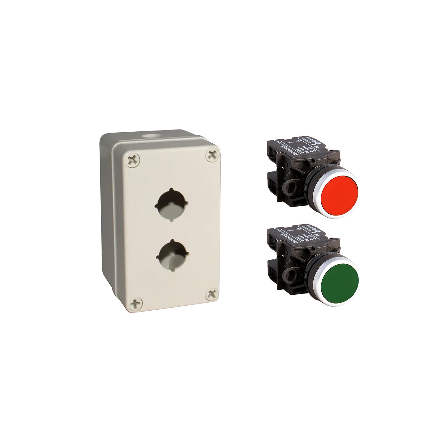 Control panel with two push buttons, one red and one green, on a white background.