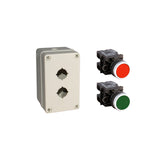 Control panel with two push buttons, one red and one green, on a white background.