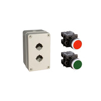 Control panel with two push buttons, one red and one green, on a white background.