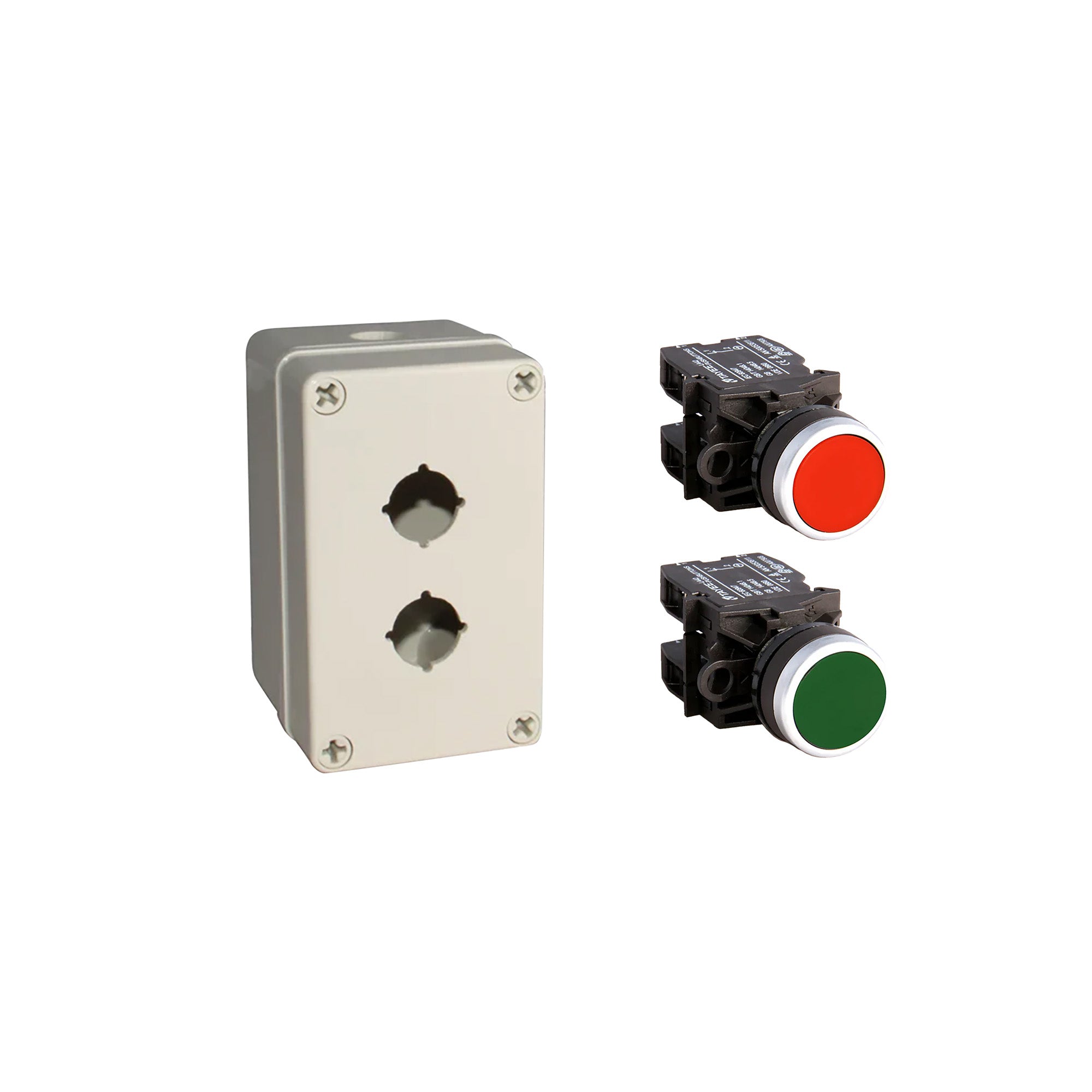 Control panel with two push buttons, one red and one green, on a white background.