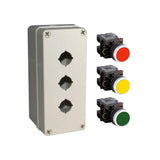 Control panel with multiple buttons including red, yellow, and green on a white background