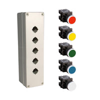 Control panel with multiple buttons and a separate set of colored buttons on a white background