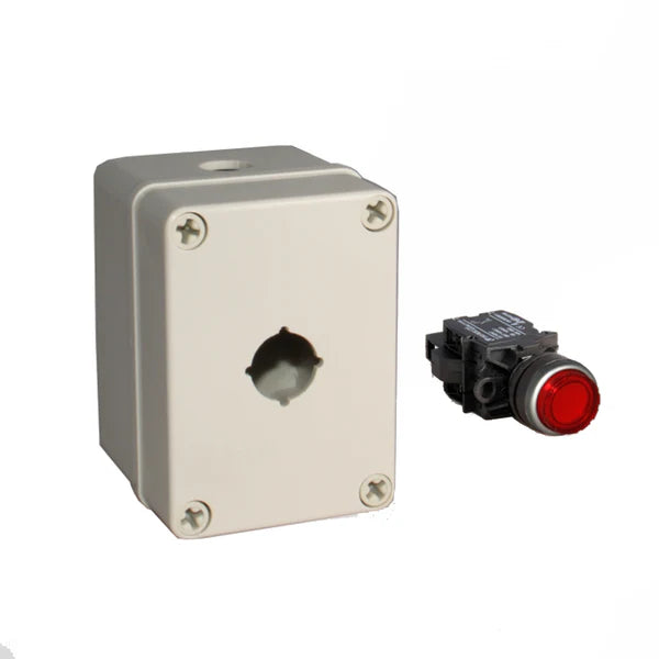 An illuminated push button box kit with a grey mounting box and a red push button.