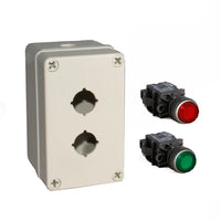 An illuminated push button box kit with a grey mounting box and red and green push buttons.