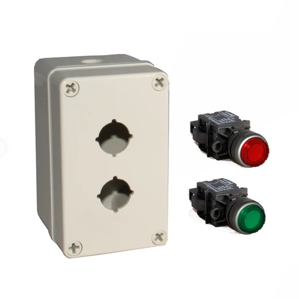 An illuminated push button box kit with a grey mounting box and red and green push buttons.