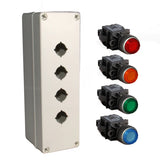 An illuminated push button box kit with a grey mounting box and red, amber, green and blue push buttons.