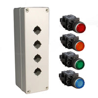 An illuminated push button box kit with a grey mounting box and red, amber, green and blue push buttons.