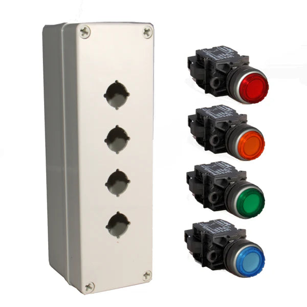 An illuminated push button box kit with a grey mounting box and red, amber, green and blue push buttons.