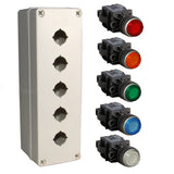 An illuminated push button box kit with a grey mounting box and red, amber, green, blue and white push buttons.