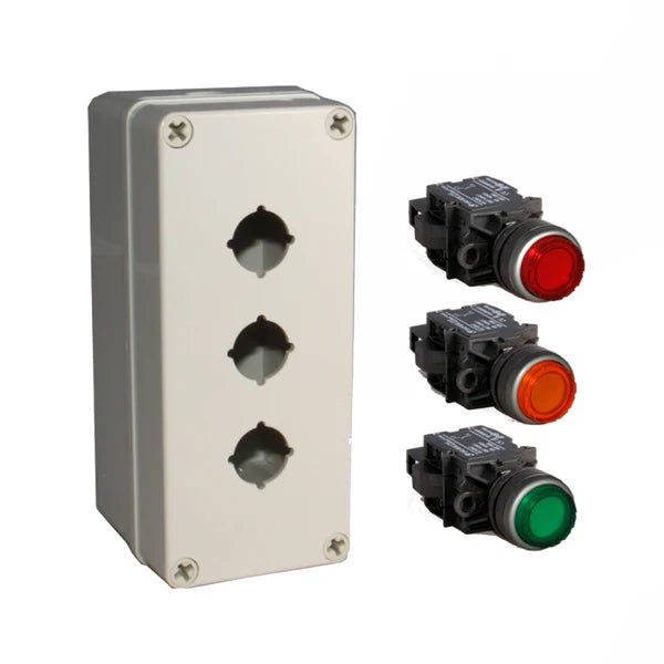 A 24V DC grey push button box kit with illuminating red, amber and green push buttons on a white background.