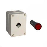 An LED indicator lamp box kit, with a grey indicator, showcasing the front view with a screw terminal interface and illuminating red pilot light..