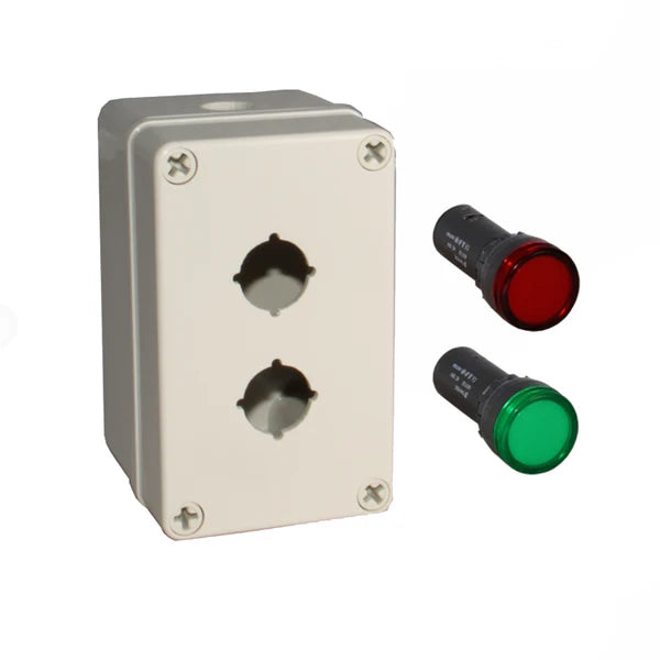 An LED indicator lamp box kit, with a grey indicator, showcasing the front view with a screw terminal interface and illuminating red and green pilot lights.