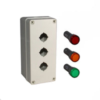 An LED indicator lamp box kit, with a grey indicator, showcasing the front view with a screw terminal interface and illuminating red, amber and green pilot lights.
