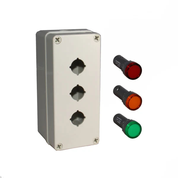 An LED indicator lamp box kit, with a grey indicator, showcasing the front view with a screw terminal interface and illuminating red, amber and green pilot lights.