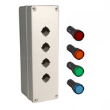 An LED indicator lamp box kit, with a grey indicator, showcasing the front view with a screw terminal interface and illuminating red, amber, green and blue pilot lights.