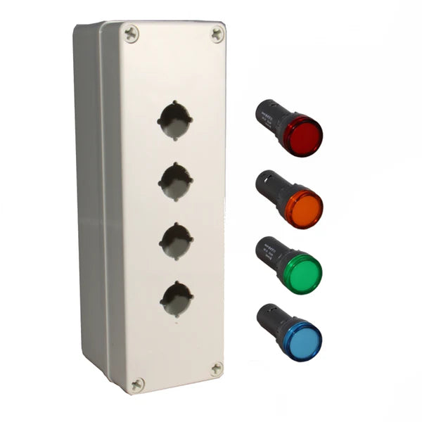 An LED indicator lamp box kit, with a grey indicator, showcasing the front view with a screw terminal interface and illuminating red, amber, green and blue pilot lights.