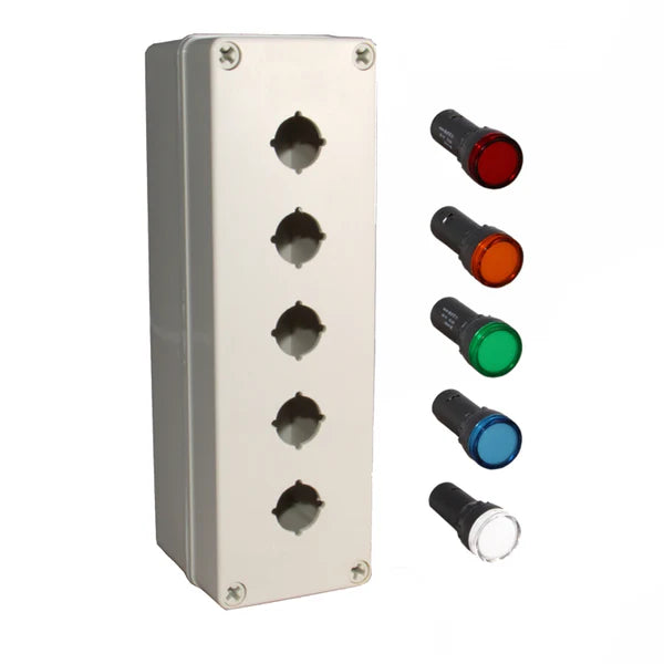 An LED indicator lamp box kit, with a grey indicator, showcasing the front view with a screw terminal interface and illuminating red, amber, green, blue and white pilot lights.