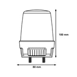 A black on white diagram depicting the dimensions of a LED strobe light.