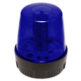Blue LED warning light with black base on a white background.