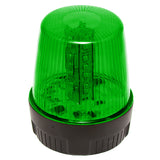 Green LED warning light with black base on a white background.