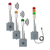 A single three-color pole-mounted industrial light with switchbox transmitting a signal to several corresponding single-light industrial signals with switchboxes.