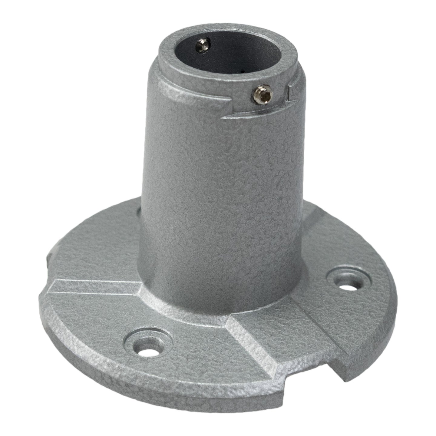 Top quarter profile of a silver mental pole mount on a white background.