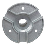 Bottom profile of a silver mental pole mount on a white background.