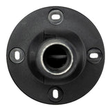 Top profile of a black plastic 90 degree articulating pole mount on a white background.