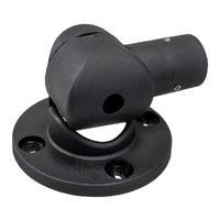 Side profile of a black articulating pole mount on a white background.