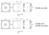Black on white technical drawing with labeled dimensions and decibel levels.
