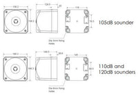 Black on white technical drawing with labeled dimensions and decibel levels.
