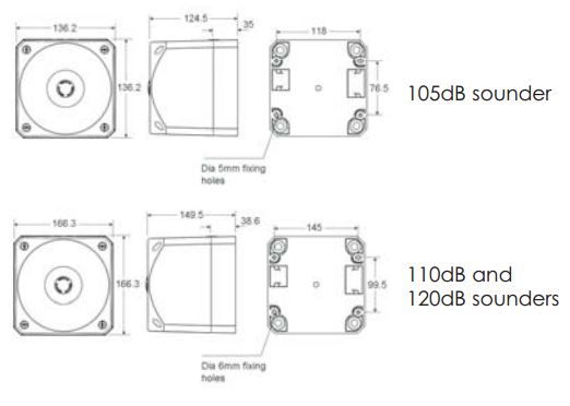 Black on white technical drawing with labeled dimensions and decibel levels.