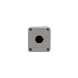 Grey front perspective of a push single push button enclosure with a mounting hole and four phillips head screws holding the enclosure together on a white background.