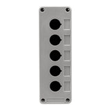Grey front perspective of a push button enclosure supporting five mounting holes and four phillips head screws holding the enclosure together on a white background.