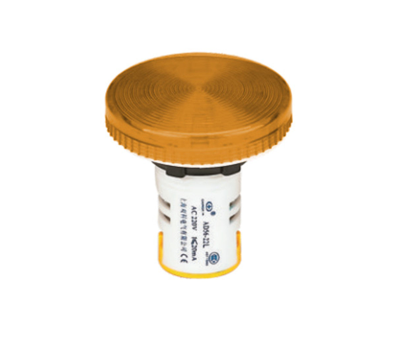 An amber 45mm LED pilot light with a white base designed for panel mounting.