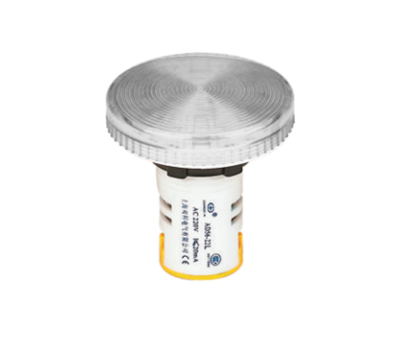 A white45mm LED pilot light with a white base designed for panel mounting.