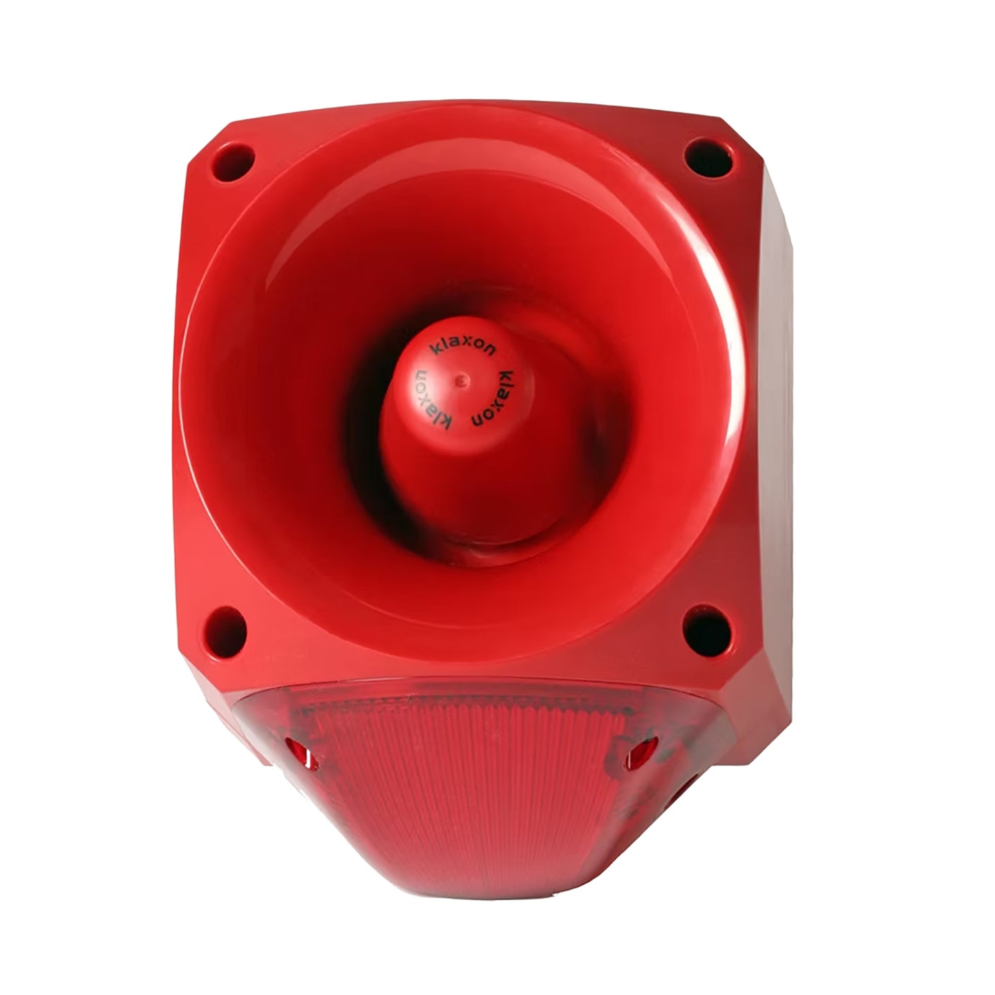 Red alarm horn with red strobe on a white background.